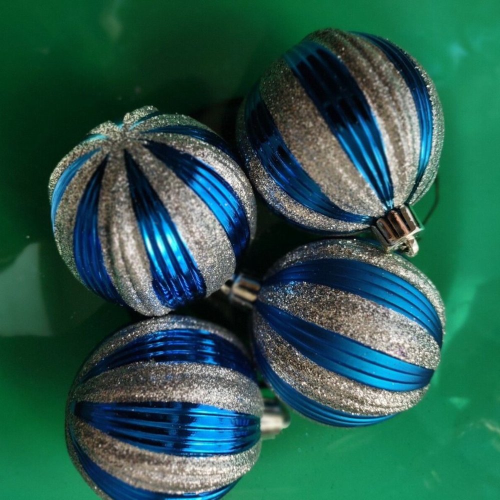 Blue & Silver Glitter Shatterproof Christmas Ornaments 3" Diameter - Set of 4